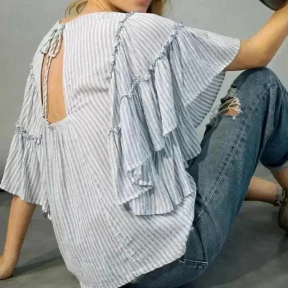 Chelsea & Theadore  Sybil Ruffle-Sleeve White and Blue Blouse. Size: M
